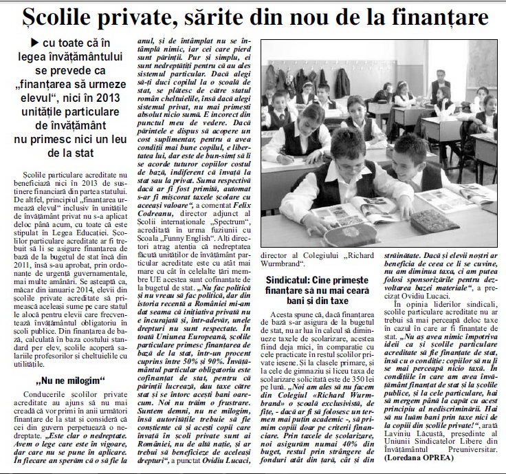 Școlile private, sărite din nou de la finanțare Școlile private, sărite din nou de la finanțare